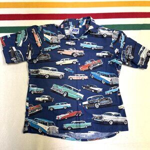 Reyn Sports Spooner‎ Hawaiian Shirt Men's L VTG Cars Hot Rod AOP Blue Colorful
